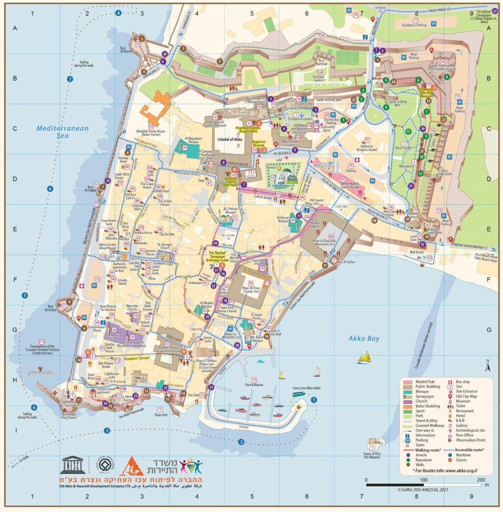 The map of Old Akko describes the locations of historical tourist sites, attractions, the port and marina, accommodation and restaurants in the city. On the website you can find information on each topic individually, in an accessible way.